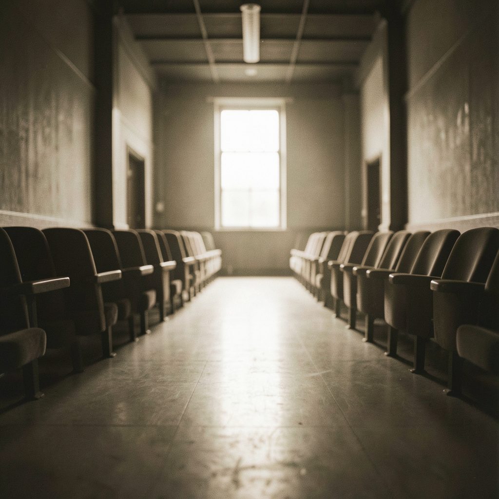 A serene portrait-style frame of an empty cinema aisle in warm sepia, with shallow depth of field and soft window light