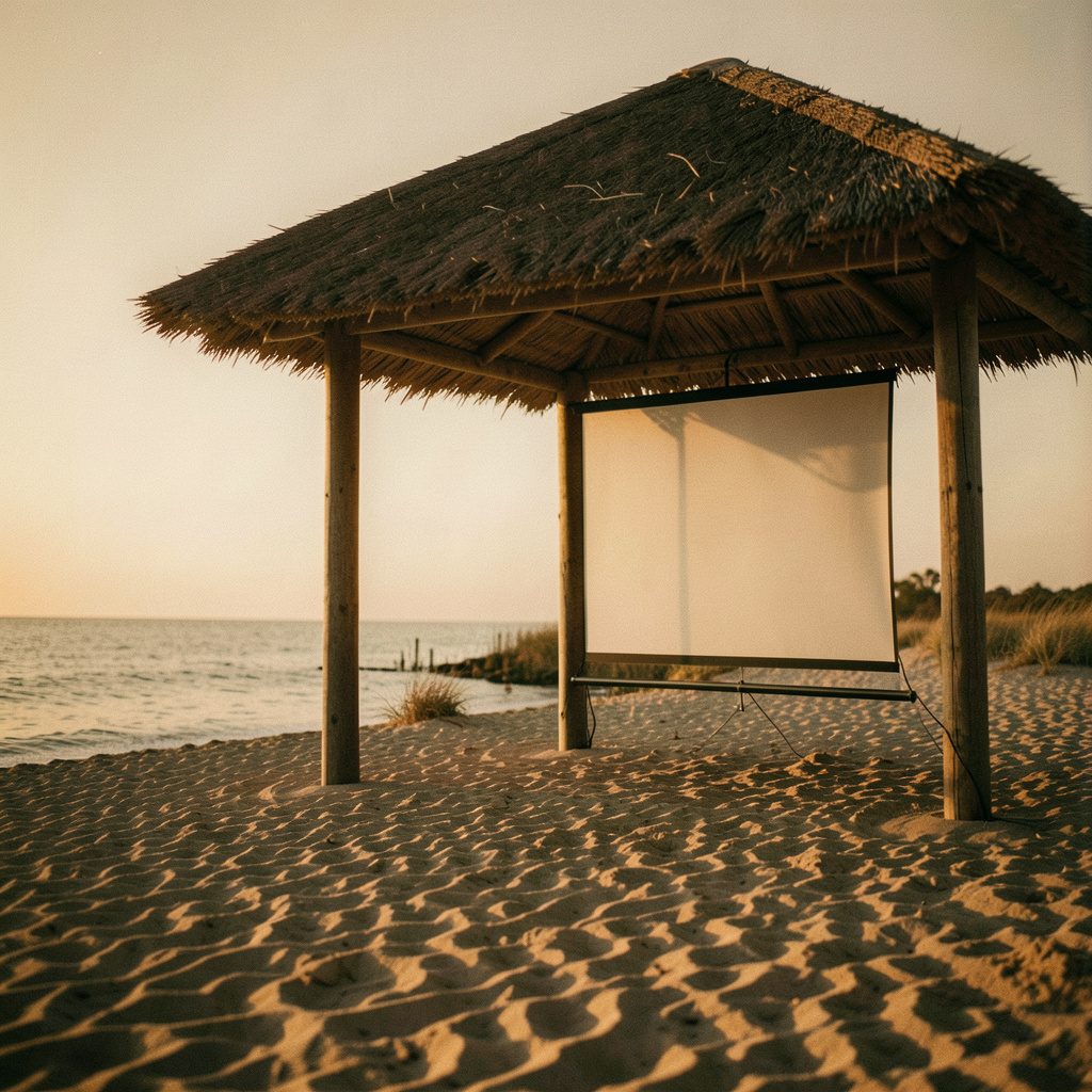 A warm sepia-toned wide view of a quiet beach pavilion at golden hour, soft sand and a single projection screen catching the last light