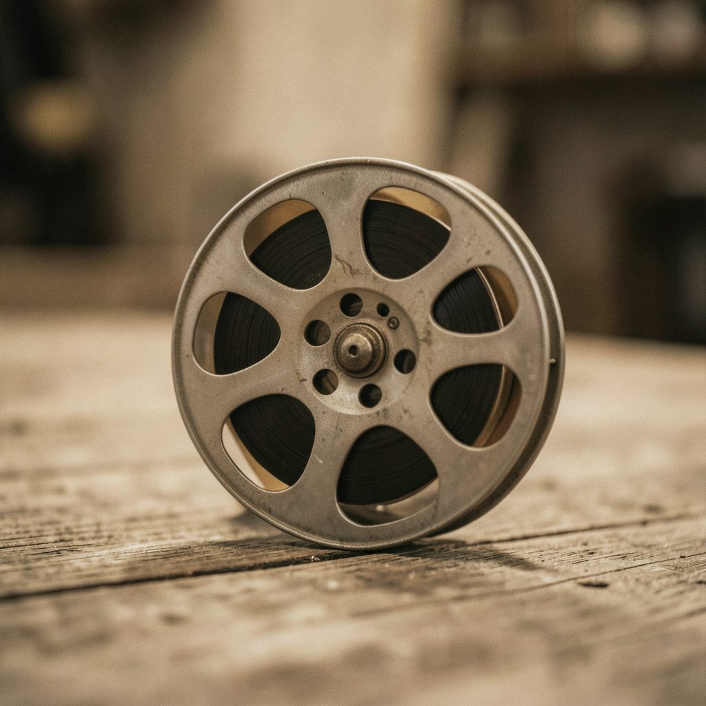 A wide, shallow-focus photograph of a vintage film reel resting on weathered wood in warm sepia tones, set against a soft blurred background