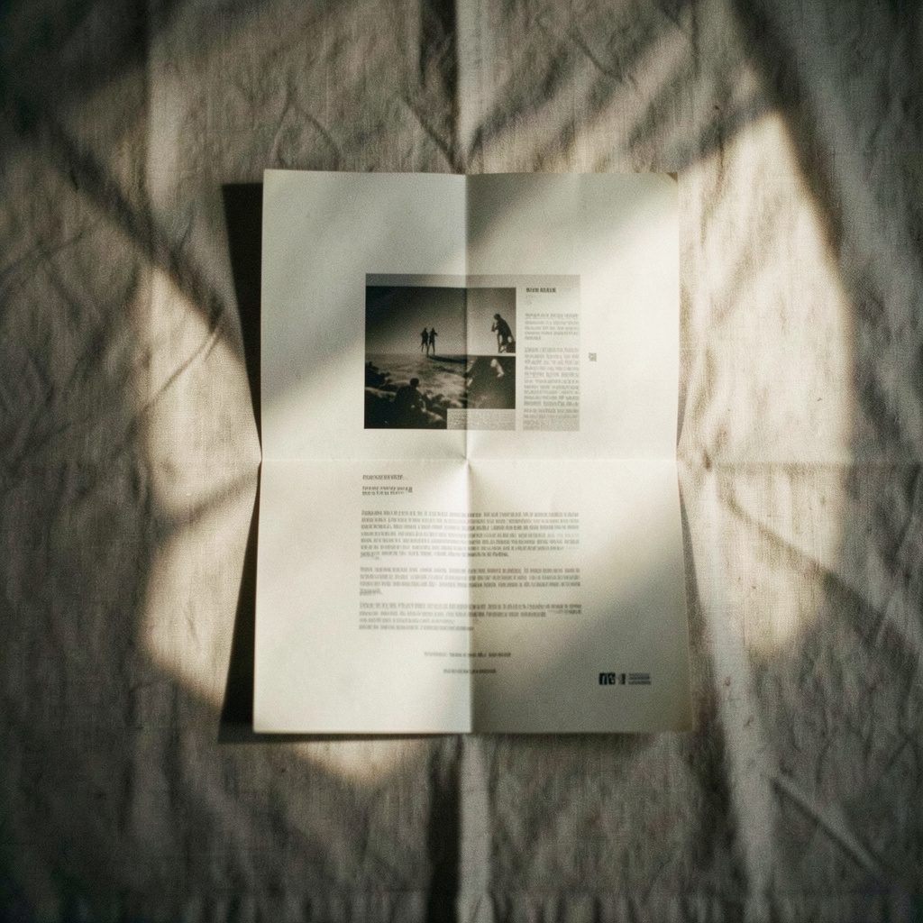 An editorial overhead view of softlight streaming across a folded film festival programme on linen, in muted warm tones